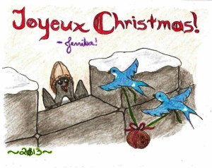 "Joyeux Christmas! -Jerrika! ~2013~" appears over a drawn image of a cheering penguin wearing a helmet like the French guards in Monty Python and the Holy Grail standing on a castle wall while two swallows fly toward him with a strung up coconut