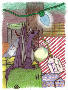 A small purple dragon standing on a present, holding a round shiny Christmas ornament, and staring up at a blue Christmas light on a tree in awe. A tag on a present in the background says "Buon Christmas! -Jerrika"