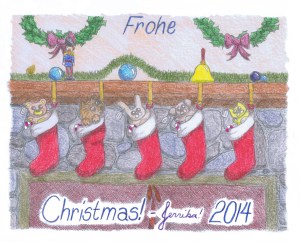 The words "Frohe Christmas! -Jerrika! 2014" appear over a drawn image of a fireplace mantel with Christmas decorations and a bell and five stockings hanging from it filled with stuffed animals; the second stocking from the left has a wombat looking around
